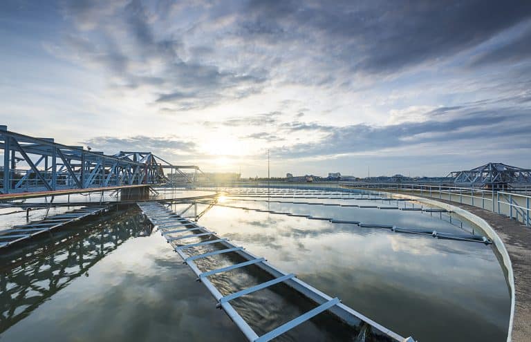 The Solid Contact Clarifier Tank type Sludge Recirculation process in Water Treatment plant with sunrise